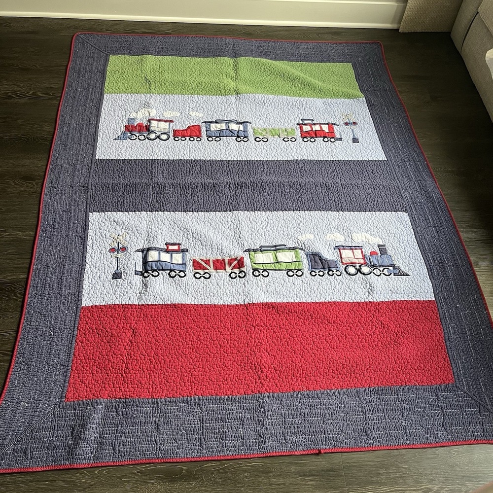 Authentic Kids Train Quilt 100% Cotton Blue Red Detailed Appliqué Bedding Twin